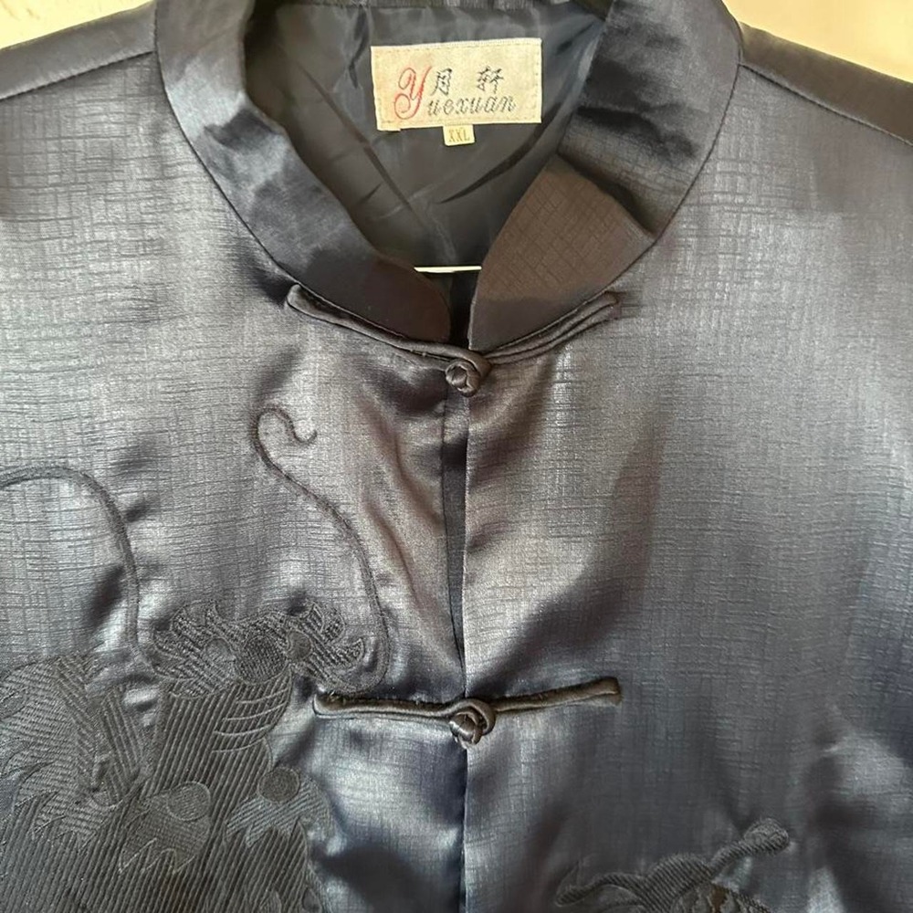 Deep blue silk Chinese jacket with dragon embroidery XXL small flaw shown in pic